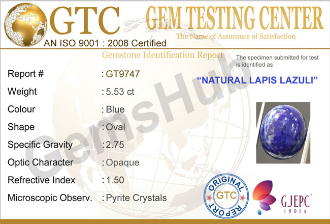 5.53 ct Natural Certified Lapis Lazuli (Lajwart)